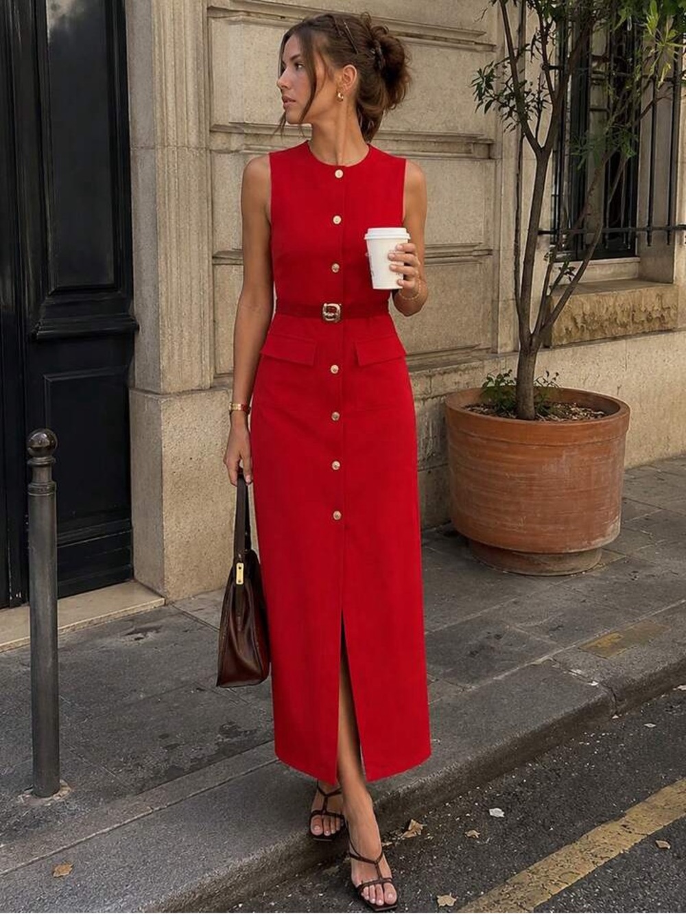 SHEIN Red Sleeveless Button-Front Maxi Dress with Belt
